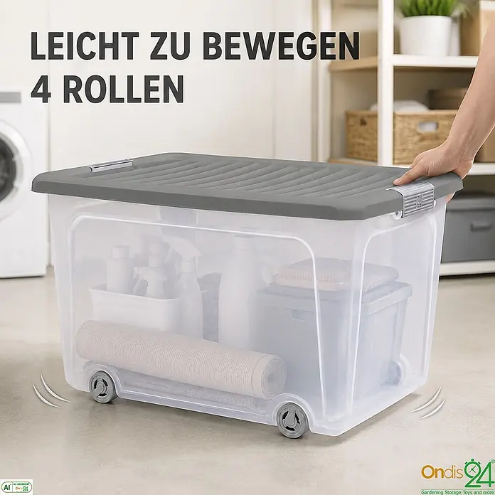 Ondis24 Aufbewahrungsbox - L x B x H: 56,5 x 39 x 31,5 cm, Kunststoff, Transparent - Transparente Kunststoff-Aufbewahrungsbox mit grauem Deckel und 4 Rollen, gefüllt mit Haushaltsartikeln, leicht zu bewegen.