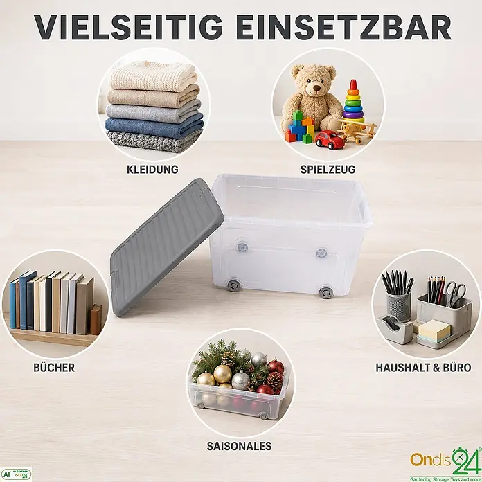 Ondis24 Aufbewahrungsbox - L x B x H: 56,5 x 39 x 31,5 cm, Kunststoff, Transparent - Vielseitige transparente Kunststoff-Aufbewahrungsbox mit grauem Deckel und Rollen, ideal für Kleidung, Spielzeug, Bücher oder Büromaterial.