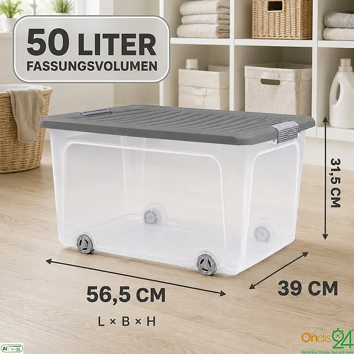 Ondis24 Aufbewahrungsbox - L x B x H: 56,5 x 39 x 31,5 cm, Kunststoff, Transparent - Transparente 50L Kunststoff-Aufbewahrungsbox mit grauem Deckel und Rollen, im Hausgebrauch. Maße: 56,5x39x31,5 cm.