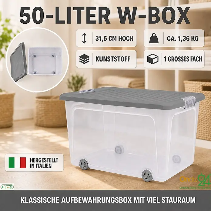 Ondis24 Aufbewahrungsbox - L x B x H: 56,5 x 39 x 31,5 cm, Kunststoff, Transparent - 50-Liter transparente Kunststoff-Aufbewahrungsbox mit grauem Deckel und Rollen für viel Stauraum. Made in Italy.