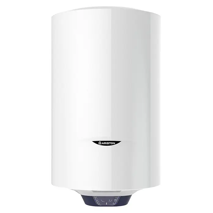 Ariston Termo eléctrico Blu1 Eco - 80 l, 1.500 W, Montaje en la pared - Calentador de agua eléctrico Ariston blanco con logo negro y panel de control oscuro en la parte inferior.