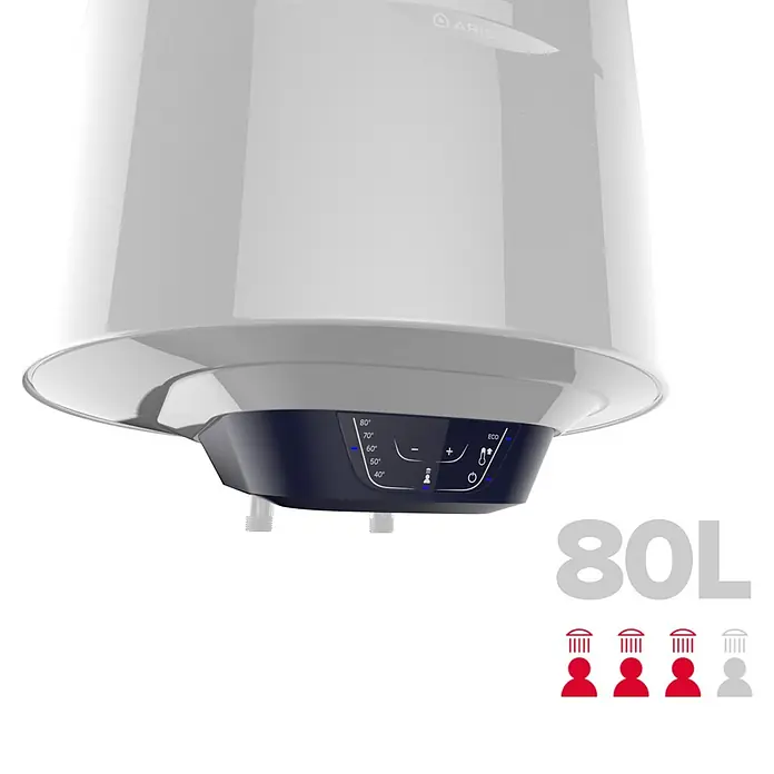 Ariston Termo eléctrico Blu1 Eco - 80 l, 1.500 W, Montaje en la pared - Calentador de agua Ariston blanco con panel de control azul oscuro, ajustes de temperatura, modo ECO y 80L.