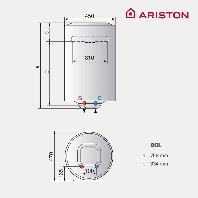 Ariston Termo eléctrico Blu1 Eco - 80 l, 1.500 W, Montaje en la pared - Dibujo técnico calentador de agua cilíndrico Ariston 80L, con vistas, dimensiones y conexiones.