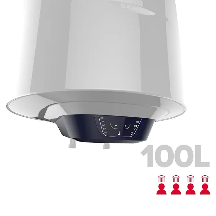 Ariston Termo eléctrico Blu1 Eco - 100 l, 1.500 W, Montaje en la pared - Calentador de agua eléctrico blanco con panel de control digital azul oscuro para temperatura y modo ECO.