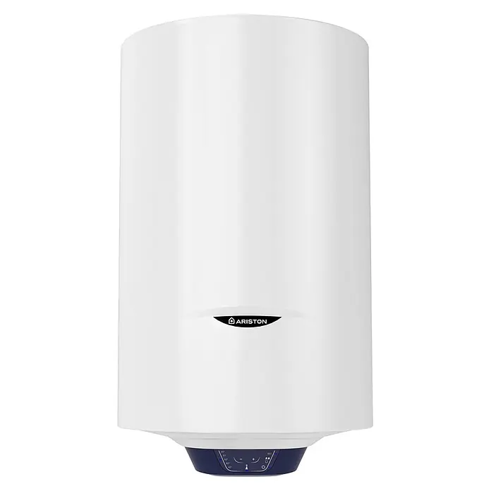 Ariston Termo eléctrico Blu1 Eco - 100 l, 1.500 W, Montaje en la pared - Calentador de agua cilíndrico blanco Ariston con base azul oscuro y controles de temperatura digitales.