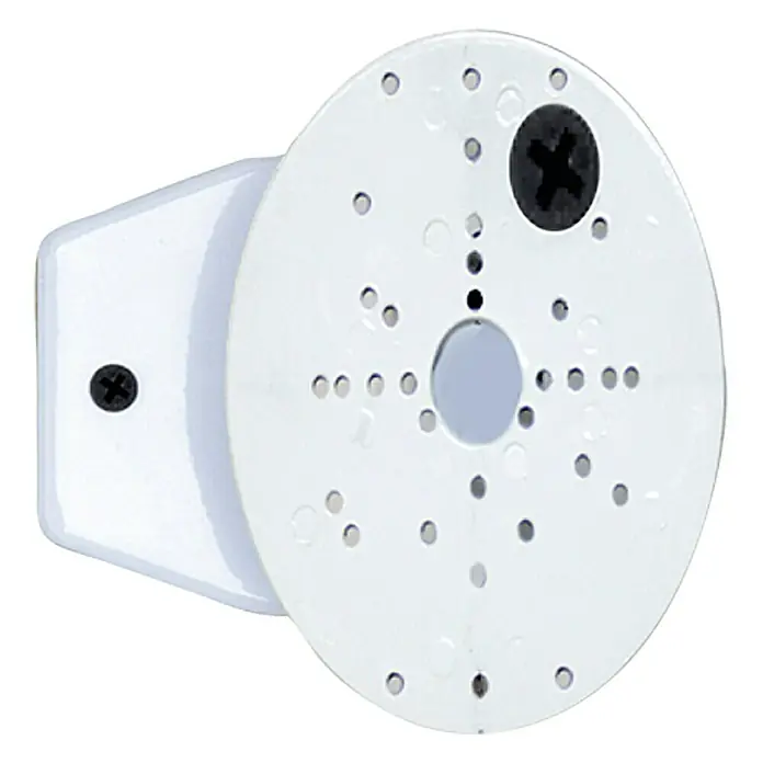 Starlux Eckanbindung - Weiß, Durchmesser: 12 cm - Weiße Montageplatte mit Löchern und Schrauben für die Installation von Überwachungskameras oder ähnlichen Geräten.