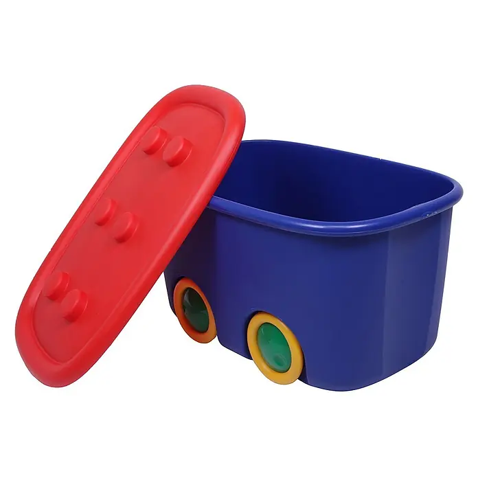 Ondis24 Aufbewahrungsbox-Set - L x B x H: 52 x 38,5 x 32 cm, Kunststoff, Blau, 2 Stk. - Blaue Kunststoff-Spielzeugkiste mit gelb-grünen Rädern und rotem Deckel mit vier Noppen, leicht geöffnet.