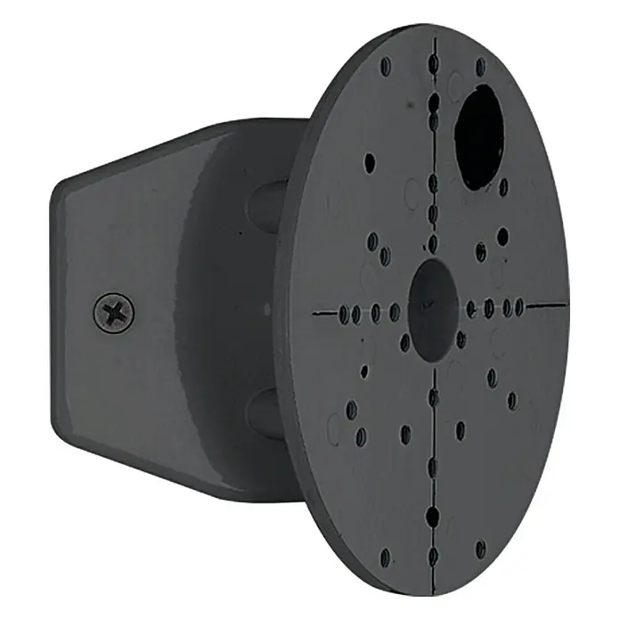 Starlux Eckanbindung - Durchmesser: 12 cm, Schwarz - Nahaufnahme einer grauen Überwachungskamera-Halterung, die die Montageplatte und die Befestigung an der Wand zeigt.