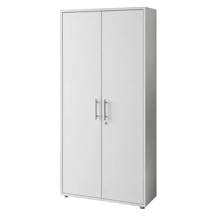BMG Möbel Aktenschrank Office Edition Aktenschrank 5 OH - B x T x H: 85 x 33 x 186 cm, Weiß - Weißer zweitüriger Schrank mit silbernen Griffen und Schloss.