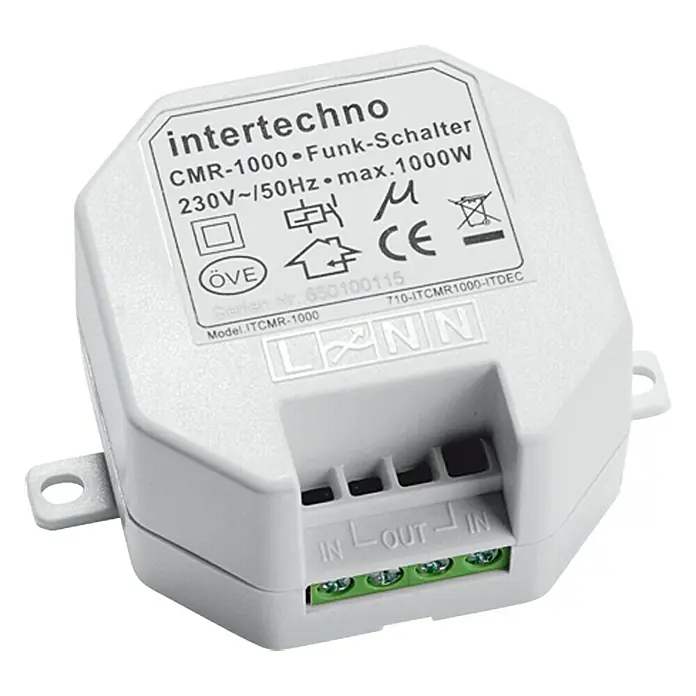 Intertechno Funk-Einbauschalter YWT-8500 + CMR-1000 Set - 1.000 W, Reichweite ca.: 35 m - Nahaufnahme eines Intertechno CMR-1000 Funk-Schalters, der für 230V~/50Hz und max. 1000W ausgelegt ist, mit sichtbaren Anschlüssen.