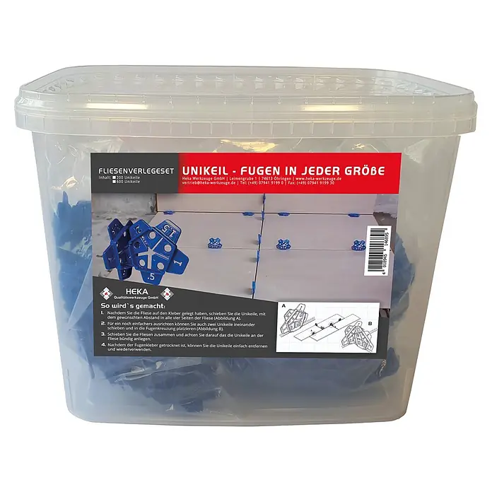 Heka Abstandhalter Unikeil - 600 Stk., Fugenbreite 0,5-3mm - Transparenter Eimer mit blauen Fliesenkeilen und beklebtem Etikett für Fugen in jeder Größe.