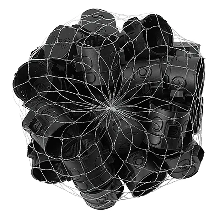 Kombischalterdose Tief - 60 x 60 mm, 1-fach, Schwarz, 25 Stk. - Eine Tüte mit schwarzen Elektrodosen, die von einem Netz umschlossen sind. Zum einfachen Transport und zur Lagerung von Installationsmaterial.