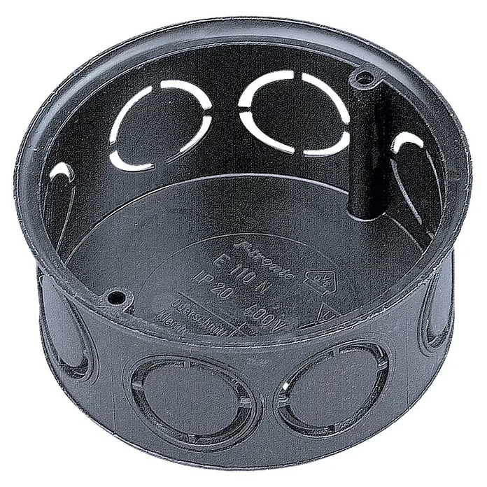 Abzweigdose - 70 x 36 mm, Unterputz - Schwarze Gerätedose aus Kunststoff mit Ausbrechöffnungen für die Elektroinstallation.