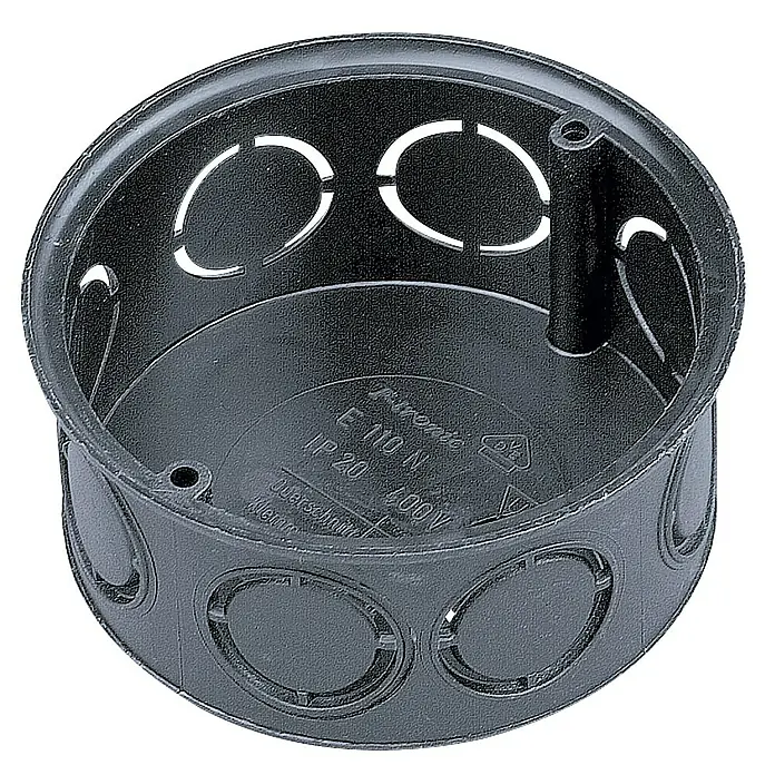 Abzweigdose - 70 x 36 mm, Unterputz - Schwarze Gerätedose aus Kunststoff mit Ausbrechöffnungen für die Elektroinstallation.
