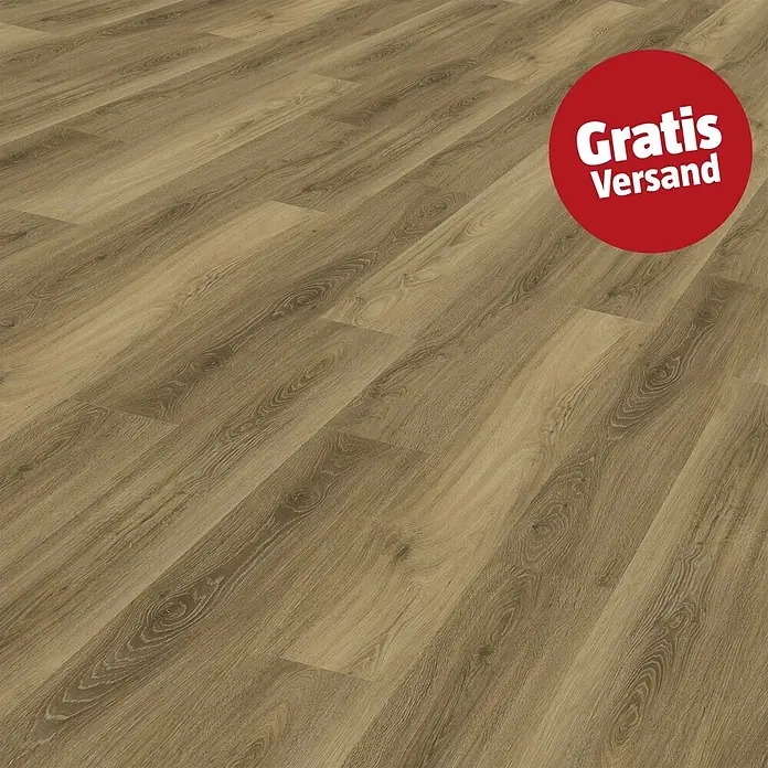 Vinylboden Rigid - Eiche City, Landhausdiele, 1.220 x 180 x 4,5 mm - Hellbrauner Boden in Holzoptik mit natürlicher Maserung und Dielenmuster.