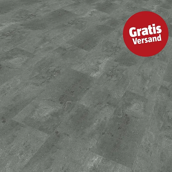 Vinylboden Rigid Fliese Concrete - Concrete Grey, Fliese, 812 x 406 x 4 mm - Dunkelgrauer, texturierter Boden in Steinoptik.