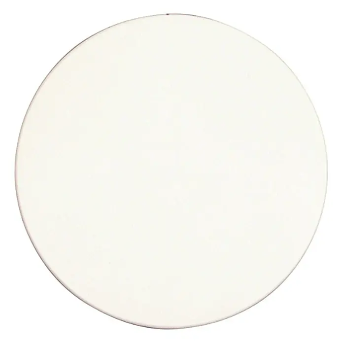 Federdeckel Groß - 60 mm - 70 mm, Weiß, Unterputz, 25 Stk. - Nahaufnahme einer weißen, runden Tischplatte. Die Oberfläche ist glatt und reflektiert leicht das Licht. Ideal für Esszimmer.