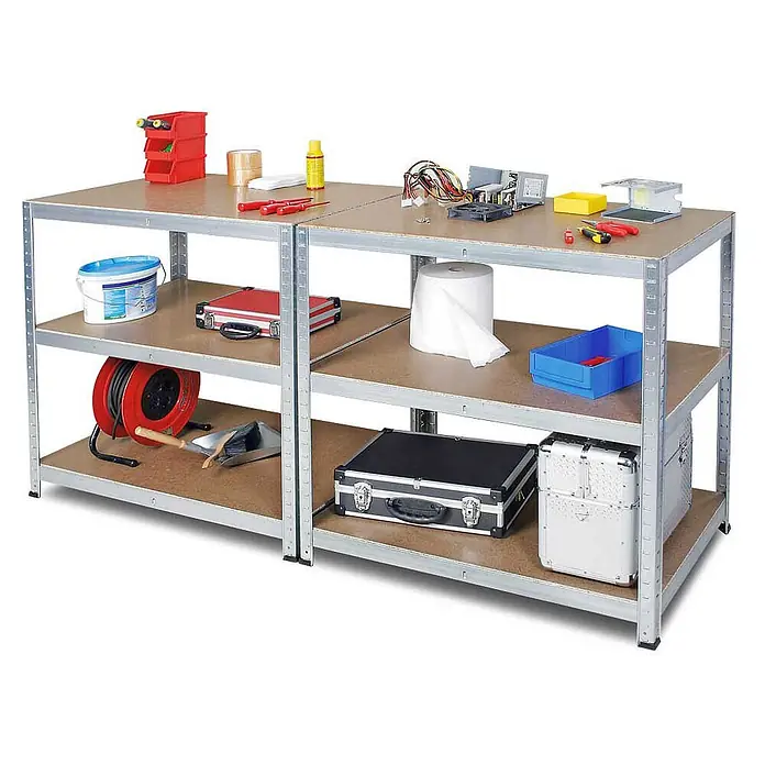 BRB Werkbank - L x B: 60 x 180 cm, Arbeitshöhe: 900 mm - Robuste Metall-Werkbank mit drei Holzregalböden zur Organisation von Werkzeugen und Material.
