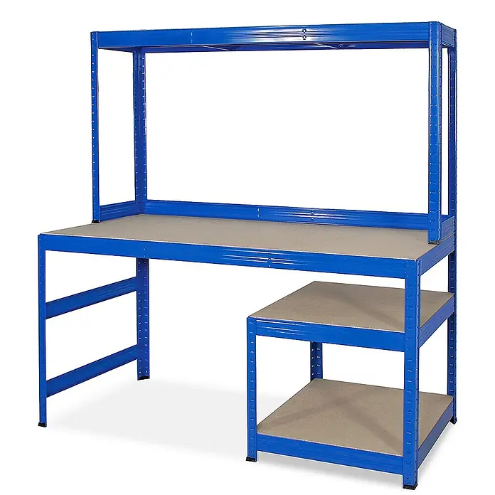 BRB Packtisch/Werkbank mit Aufbau und Unterbau, BxTxH 1500x600/300x1500 mm, blau -  - Blaue Metallwerkbank mit Oberregal und zwei unteren Regalen auf der rechten Seite, mit hellbraunen Arbeitsflächen.