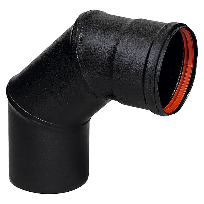 Tubo para estufa en kit - Diámetro: 80 mm, Negro, 7 ud. - Codo de tubería negro texturizado de 90 grados con junta naranja, para sistemas de humos o drenaje.