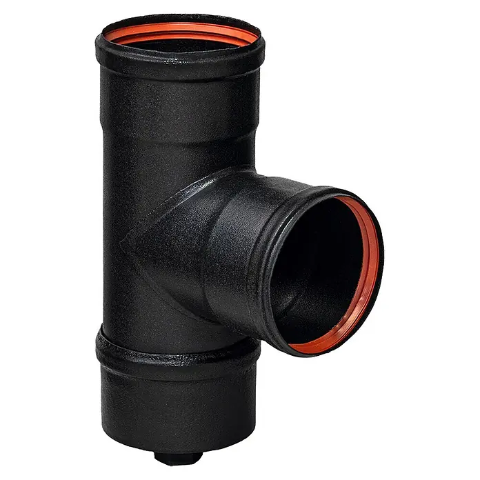 Tubo para estufa en kit - Diámetro: 80 mm, Negro, 7 ud. - Conexión en T de hierro fundido negro con juntas naranjas para fontanería.