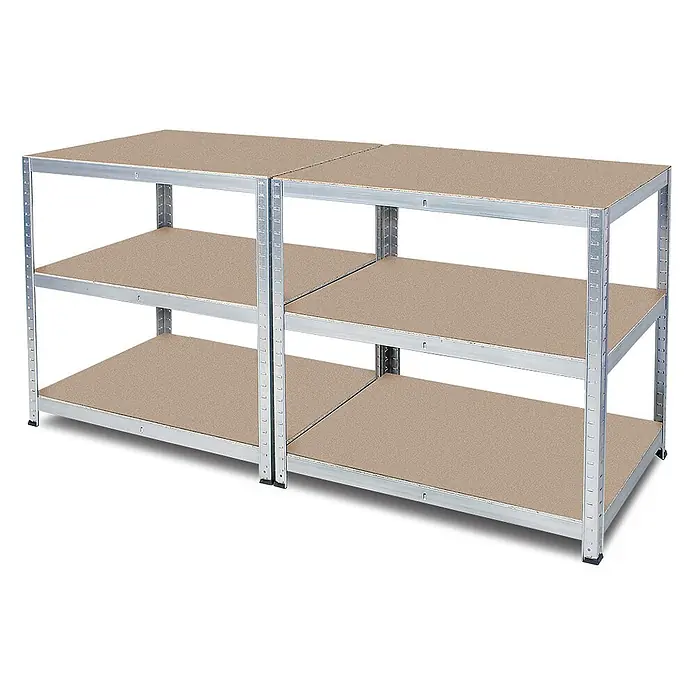 BRB Werkbank - L x B: 60 x 180 cm, Arbeitshöhe: 900 mm - Zwei modulare Schwerlastregale aus verzinktem Stahl mit je 3 hellbraunen Spanplattenböden für Lagerung.