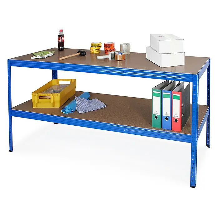 BRB Arbeitstisch/Packtisch, blau, HxBxT 900x1800x600 mm, Tragkraft pro Ebene 350 kg -  - Zweistufige blaue Metall-Werkbank mit braunen Regalböden, mit Werkzeugen und Aktenordnern.