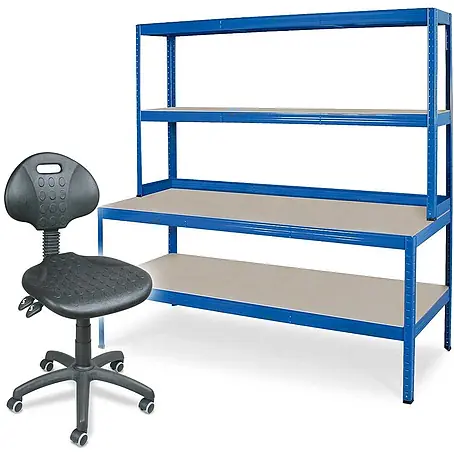 BRB Werkbankregal, HxBxT 900x1800x600 mm, blau + Arbeitsdrehstuhl mit Rollen, Sitz und Rückenlehne aus Polyurethanschaum