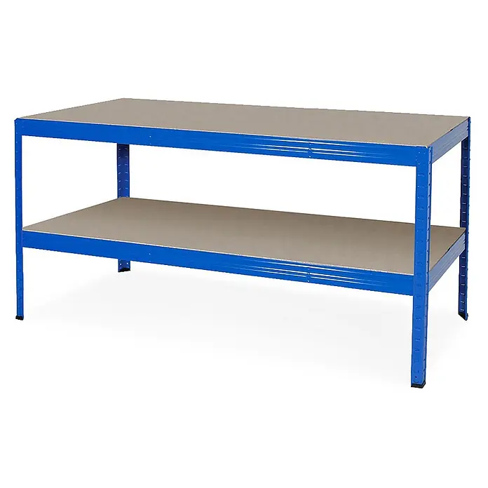 BRB Arbeitstisch/Packtisch, blau, HxBxT 900x1800x600 mm, Tragkraft pro Ebene 350 kg -  - Blaue Metall-Werkbank mit zwei grauen Ablagen.
