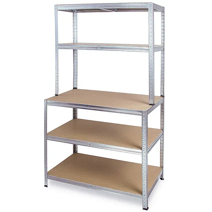 BRB Arbeitstisch/Packstation mit Aufbau BxTxH 1000x600x1800 mm, Tragkraft pro Boden 265 kg, glanzverzinkt -  - Verzinktes Metallregal mit mehreren hellbraunen Holzablagen, ideal zur Lagerung.