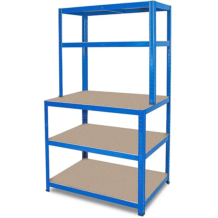 BRB Arbeitstisch/Packstation mit Aufbau BxTxH 1x600x1800 mm, Tragkraft pro Boden 265 kg, blau RAL 5017 -  - Blaues Metallregal mit fünf hellbraunen Böden, vielseitig für Lagerung oder als Werkbank nutzbar.
