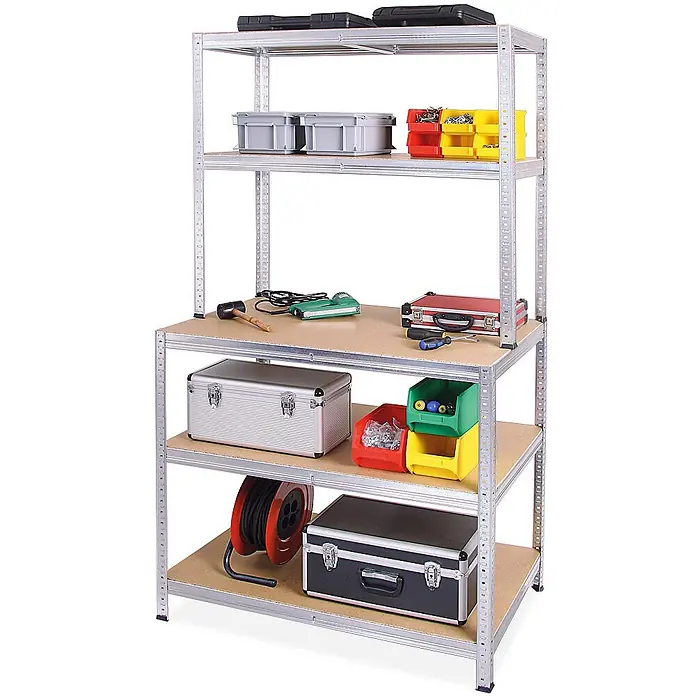 BRB Arbeitstisch/Packstation mit Aufbau BxTxH 1000x600x1800 mm, Tragkraft pro Boden 265 kg, glanzverzinkt -  - Silbernes Metallregal mit Holzablagen, inklusive Werkbankbereich, mit Werkzeugen und Aufbewahrungsboxen organisiert.