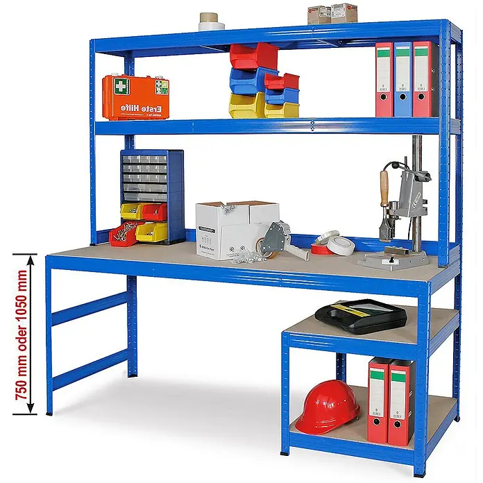 BRB Packtisch/Werkbank mit Aufbau und Unterbau, BxTxH 1800x600/300x1800 mm, blau -  - Blaue Metall-Werkbank mit Regaleinheit, Holzablagen, höhenverstellbar 750-1050mm.
