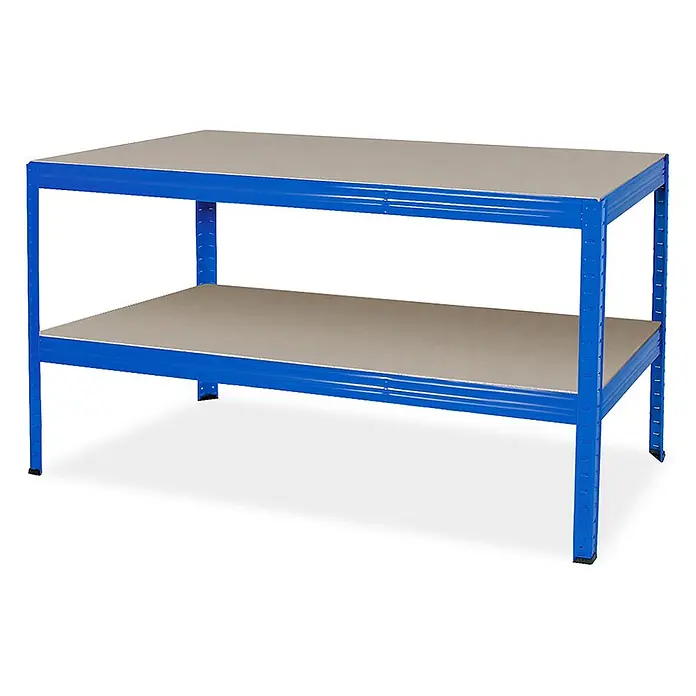 BRB Packtisch/Werkbank, BxTxH 1500 x 600 x 900 mm, Tragkraft 350 kg/Boden, blau -  - Blaue Metallwerkbank mit zwei grauen Ablagen.