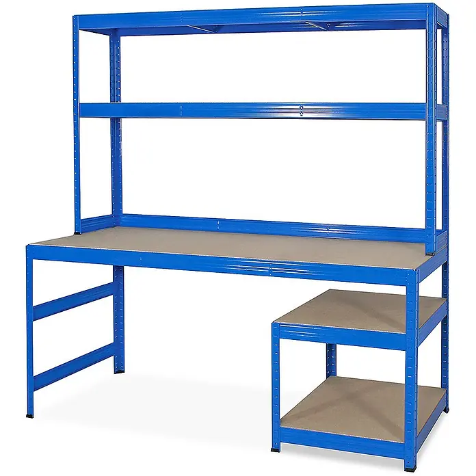 BRB Packtisch/Werkbank mit Aufbau und Unterbau, BxTxH 1800x600/300x1800 mm, blau -  - Blaue Metall-Werkbank mit oberer Regaleinheit und unterem Staufach, mit hellbraunen Regalbrettern.