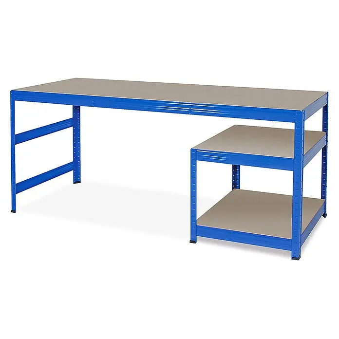 BRB Arbeitstisch/Packtisch/Werkbank, HxBxT 900x1800x600 mm, Unterbau HxBxT 515x600x600 mm -  - Blaue Metallwerkbank mit hellgrauen Ablagen und einer integrierten zweistöckigen Regaleinheit auf der rechten Seite.