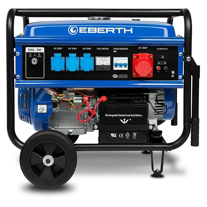 EBERTH Stromerzeuger Benzin 5500 W, 13 PS, 230/400 V, E-Start, Fahrwerk, AVR - Nennleistung: 5 kW, Tankvolumen: 25 l - Blauer und schwarzer mobiler Generator mit Rädern, verschiedenen Steckdosen (AC 220V, AC 380V), Voltmeter, Sicherungsautomat und Batterie.