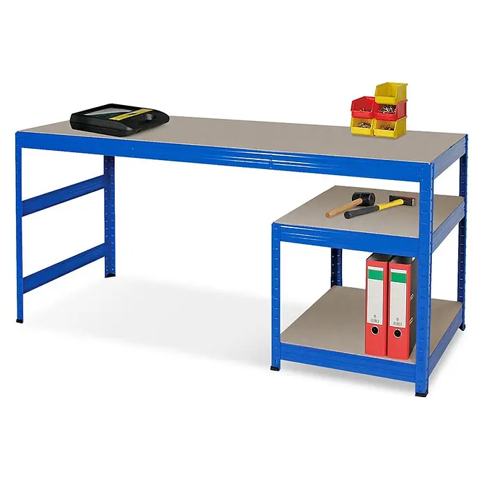 BRB Arbeitstisch/Packtisch/Werkbank, HxBxT 900x1800x600 mm, Unterbau HxBxT 515x600x600 mm -  - Blaue Metall-Werkbank und Regal-Kombination mit grauen Böden, bestehend aus langer Arbeitsfläche und kleinem Zweifach-Regal.