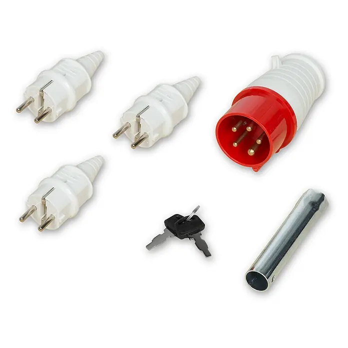 EBERTH Stromerzeuger Benzin 5500 W, 13 PS, 230/400 V, E-Start, Fahrwerk, AVR - Nennleistung: 5 kW, Tankvolumen: 25 l - Weiße Stromstecker, ein roter Industriestecker, schwarze Schlüssel und ein silbernes Metallrohr.