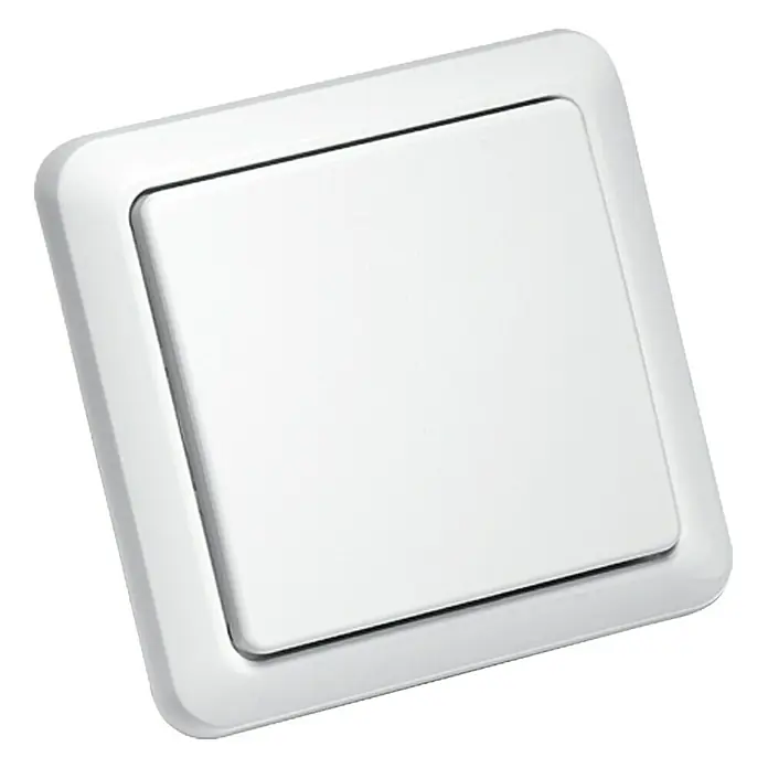 Intertechno Funk-Einbauschalter YWT-8500 + CMR-1000 Set - 1.000 W, Reichweite ca.: 35 m - Nahaufnahme eines weißen Lichtschalters, der ein modernes Design und eine glatte Oberfläche aufweist.