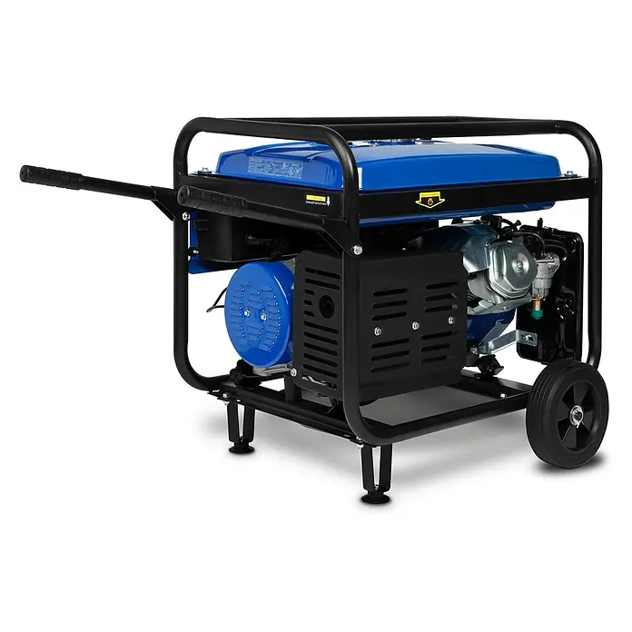 EBERTH Stromerzeuger Benzin 1 Phase 5500 W, 13 PS, E-Start, Fahrwerk, AVR - Nennleistung: 5 kW, Tankvolumen: 25 l - Ein blau-schwarzer tragbarer Stromgenerator mit Metallrahmen, Rädern und Zuggriff.