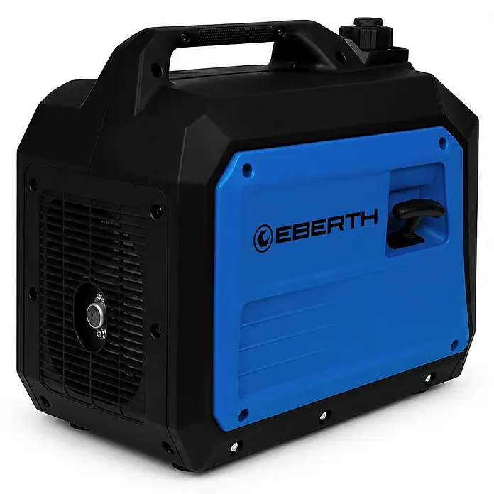 EBERTH Stromerzeuger 3500 Watt Inverter leise Stromgenerator 2x 230V Schuko, 12V und USB - Tankvolumen: 5 l, Verbrauch: 0,7 l/h - Blauer und schwarzer tragbarer Inverter-Stromerzeuger mit Griff, Tankdeckel und EBERTH-Logo. Mit Seitenlüftung und Seilzugstarter.
