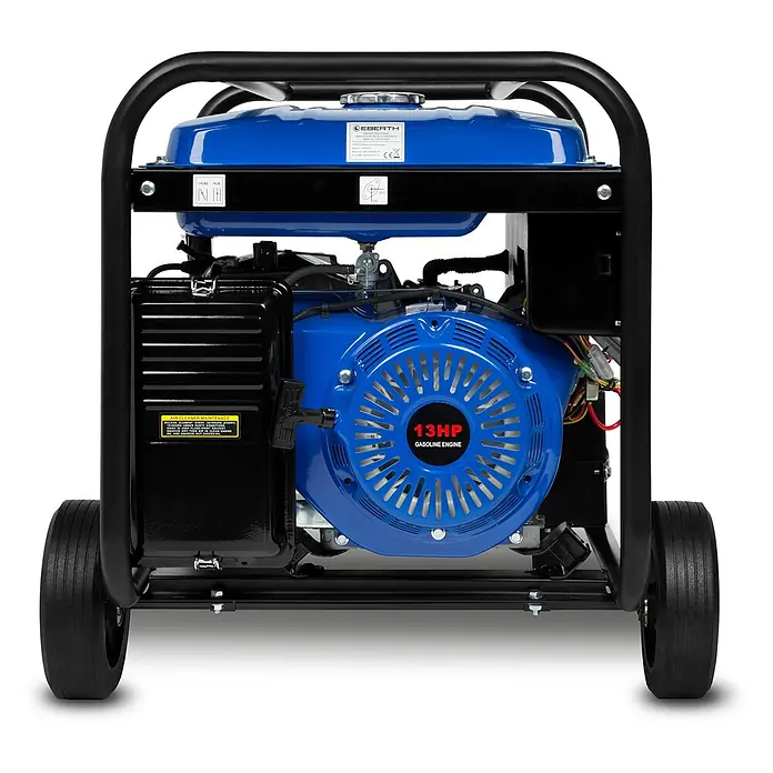EBERTH Stromerzeuger Benzin 1 Phase 5500 W, 13 PS, E-Start, Fahrwerk, AVR - Nennleistung: 5 kW, Tankvolumen: 25 l - Blauer und schwarzer tragbarer 13-PS-Benzingenerator mit Schutzrahmen und Rädern.