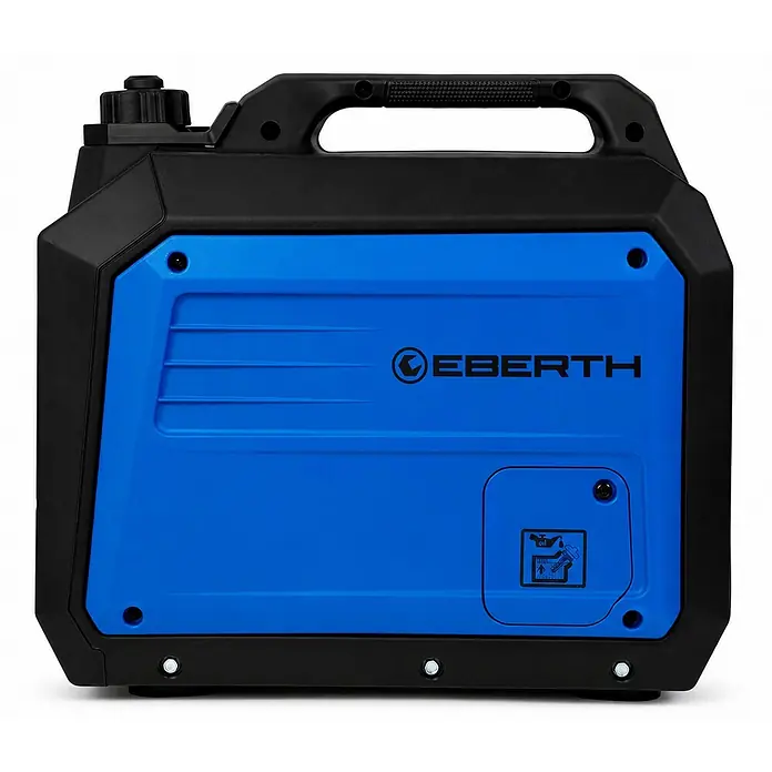 EBERTH Stromerzeuger 3500 Watt Inverter leise Stromgenerator 2x 230V Schuko, 12V und USB - Tankvolumen: 5 l, Verbrauch: 0,7 l/h - Blauer und schwarzer tragbarer Inverter-Stromerzeuger mit Griff und Tankdeckel.