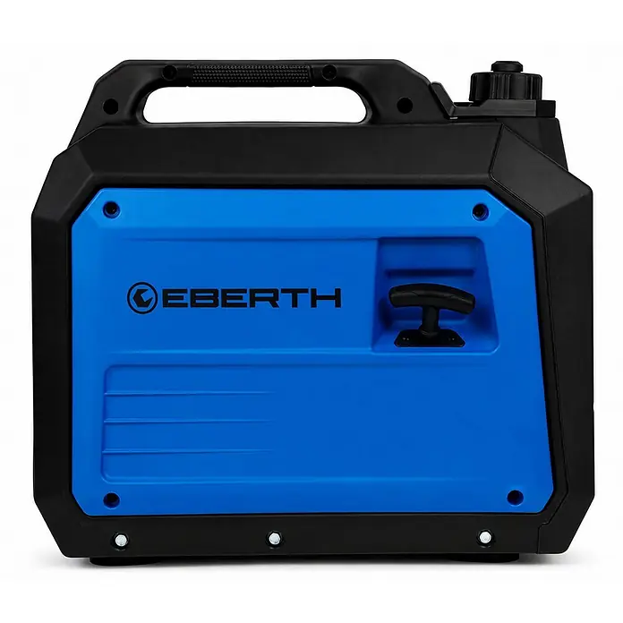 EBERTH Stromerzeuger 3500 Watt Inverter leise Stromgenerator 2x 230V Schuko, 12V und USB - Tankvolumen: 5 l, Verbrauch: 0,7 l/h - Kompakter blauer und schwarzer EBERTH Inverter-Generator mit Tragegriff und Tankdeckel.