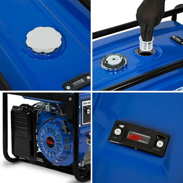 EBERTH Stromerzeuger 5500 Watt 13PS Leistung E-Start 3-Phasen - Nennleistung: 5 kW, Tankvolumen: 25 l - Nahaufnahme eines blauen Generators mit Tankdeckel, Motordetails (13.0 HP) und Tankanzeige.