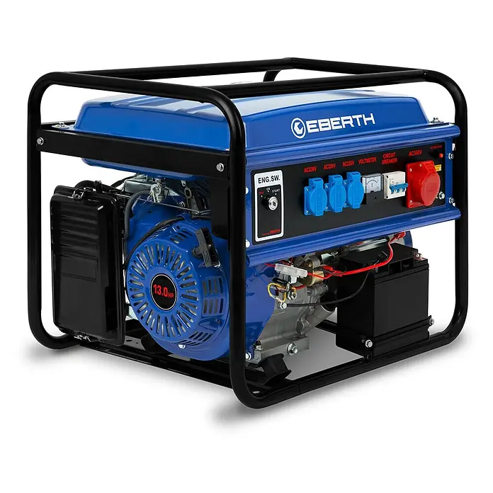 EBERTH Stromerzeuger 5500 Watt 13PS Leistung E-Start 3-Phasen - Nennleistung: 5 kW, Tankvolumen: 25 l - Blauer und schwarzer EBERTH Generator mit einem 13,0 PS Motor, Kontrollfeld mit AC-Steckdosen, Voltmeter und Sicherungsautomat.