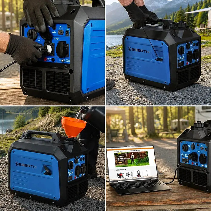 EBERTH Stromerzeuger 3500 Watt Inverter leise Stromgenerator 2x 230V Schuko, 12V und USB - Tankvolumen: 5 l, Verbrauch: 0,7 l/h - Blauer und schwarzer tragbarer EBERTH Inverter-Generator wird im Freien bedient, betankt und versorgt Geräte mit Strom.