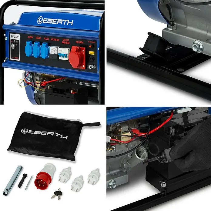 EBERTH Stromerzeuger 5500 Watt 13PS Leistung E-Start 3-Phasen - Nennleistung: 5 kW, Tankvolumen: 25 l - Blauer EBERTH Generator mit Bedienfeld, mehreren Steckdosen, Voltmeter, Sicherungsautomat und Zubehör wie Steckern, Schlüsseln und Werkzeugen.