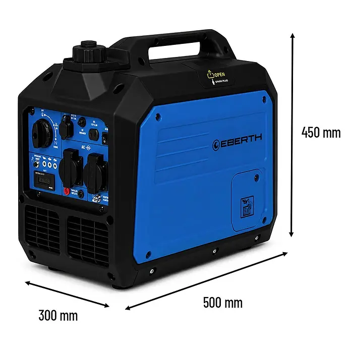 EBERTH Stromerzeuger 3500 Watt Inverter leise Stromgenerator 2x 230V Schuko, 12V und USB - Tankvolumen: 5 l, Verbrauch: 0,7 l/h - Blauer und schwarzer EBERTH Inverter-Stromerzeuger mit Griff und Bedienfeld, Maße 500x300x450 mm.